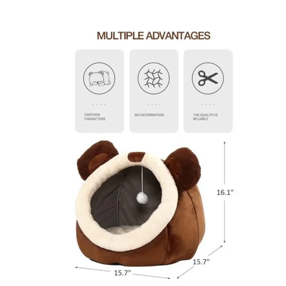 Cat Bed Cave Plush Indoor Cats Removable Washable Pillow Cozy Bear House Soft